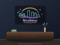 Brisbane Skyline Neon Sign shown above a walnut console in a styled room mockup
