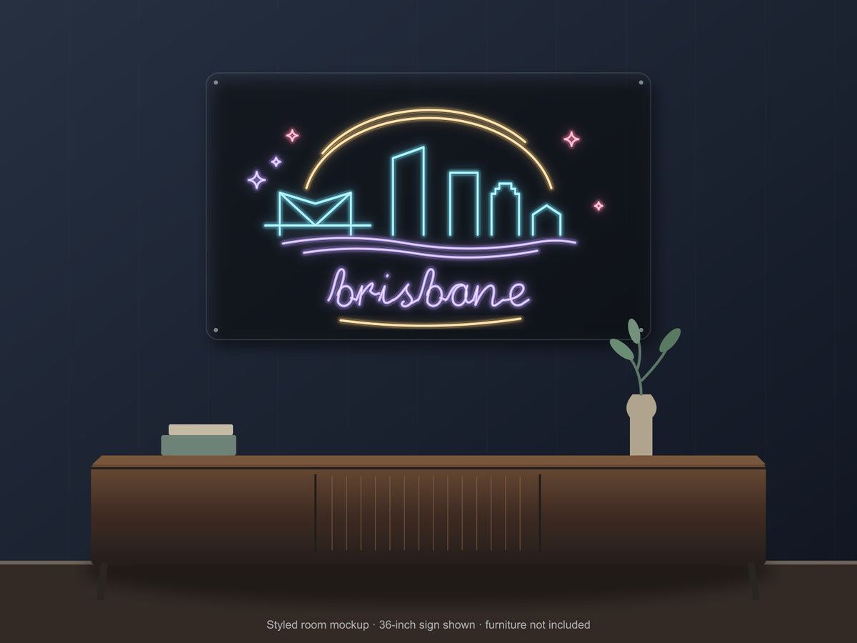 Brisbane Skyline Neon Sign shown above a walnut console in a styled room mockup