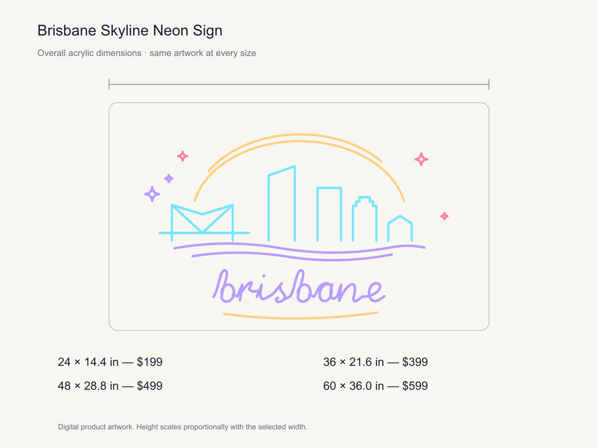 Brisbane Skyline Neon Sign size guide with overall dimensions for all four widths