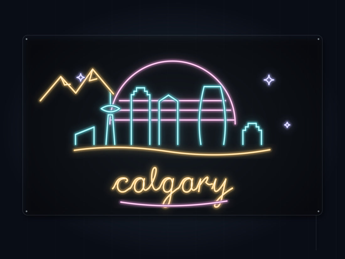 Calgary Skyline Neon Sign with colorful landmark artwork and flowing city lettering - front digital render