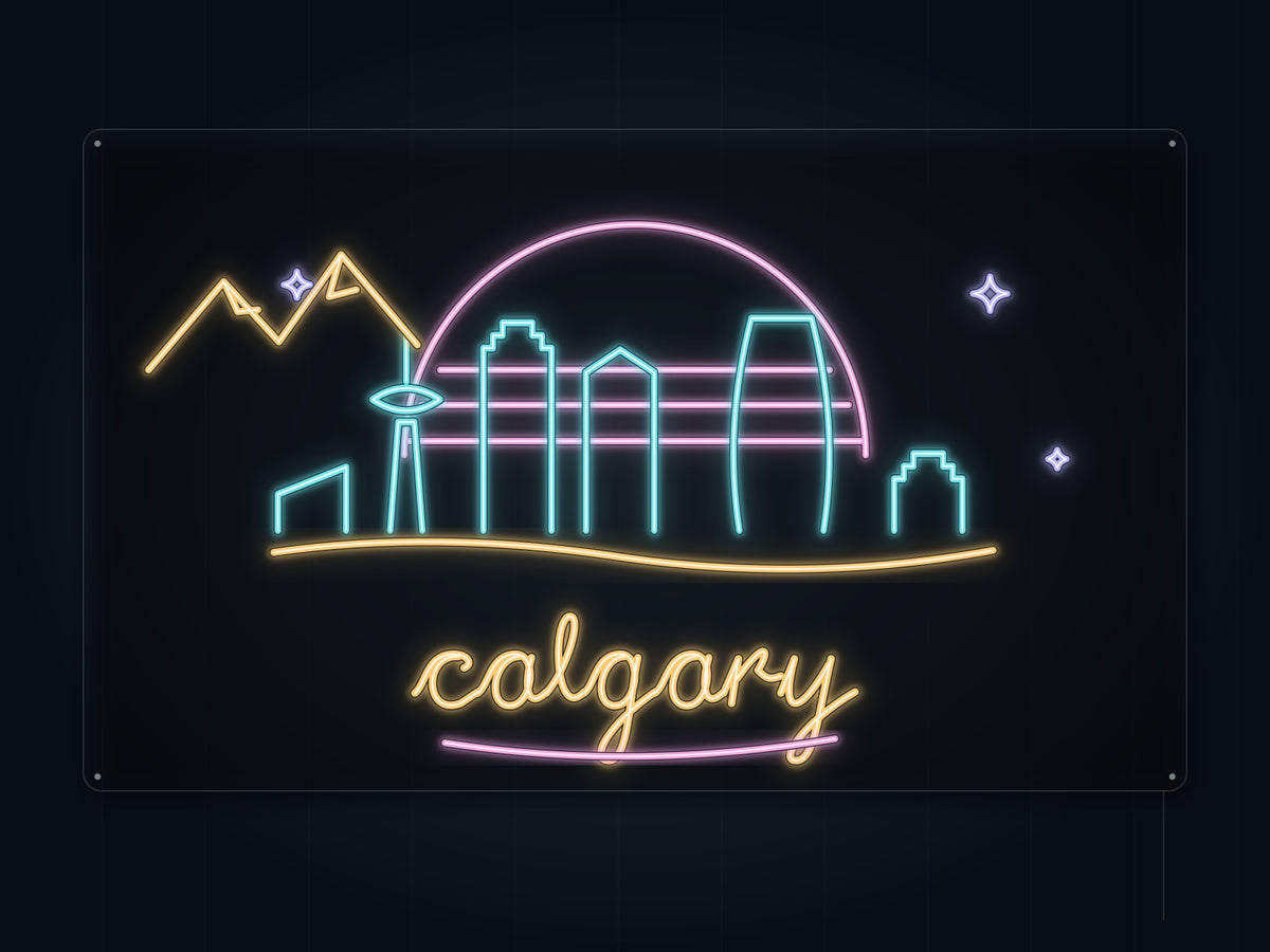 Calgary Skyline Neon Sign with colorful landmark artwork and flowing city lettering - front digital render