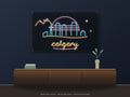 Calgary Skyline Neon Sign shown above a walnut console in a styled room mockup