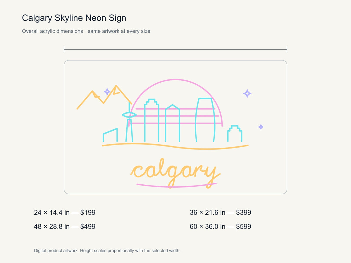 Calgary Skyline Neon Sign size guide with overall dimensions for all four widths
