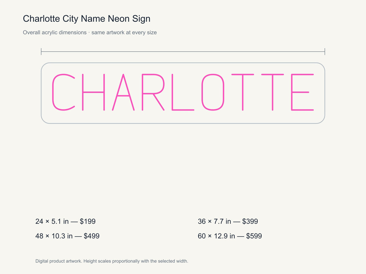 Charlotte City Name Neon Sign size guide with overall dimensions for all four widths