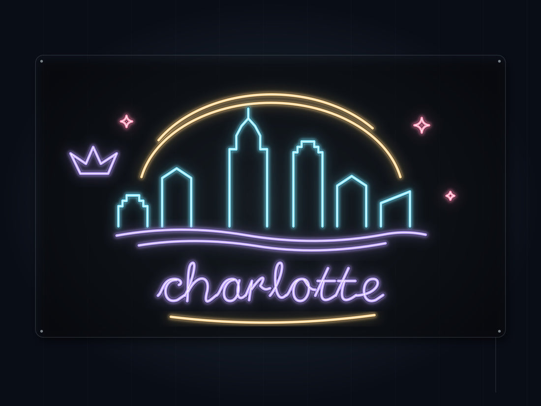Charlotte Skyline Neon Sign with colorful landmark artwork and flowing city lettering - front digital render