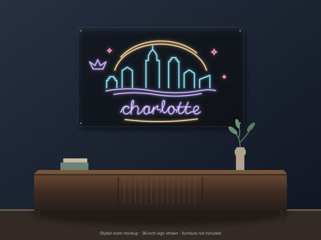 Charlotte Skyline Neon Sign with colorful landmark artwork and flowing city lettering - front digital render