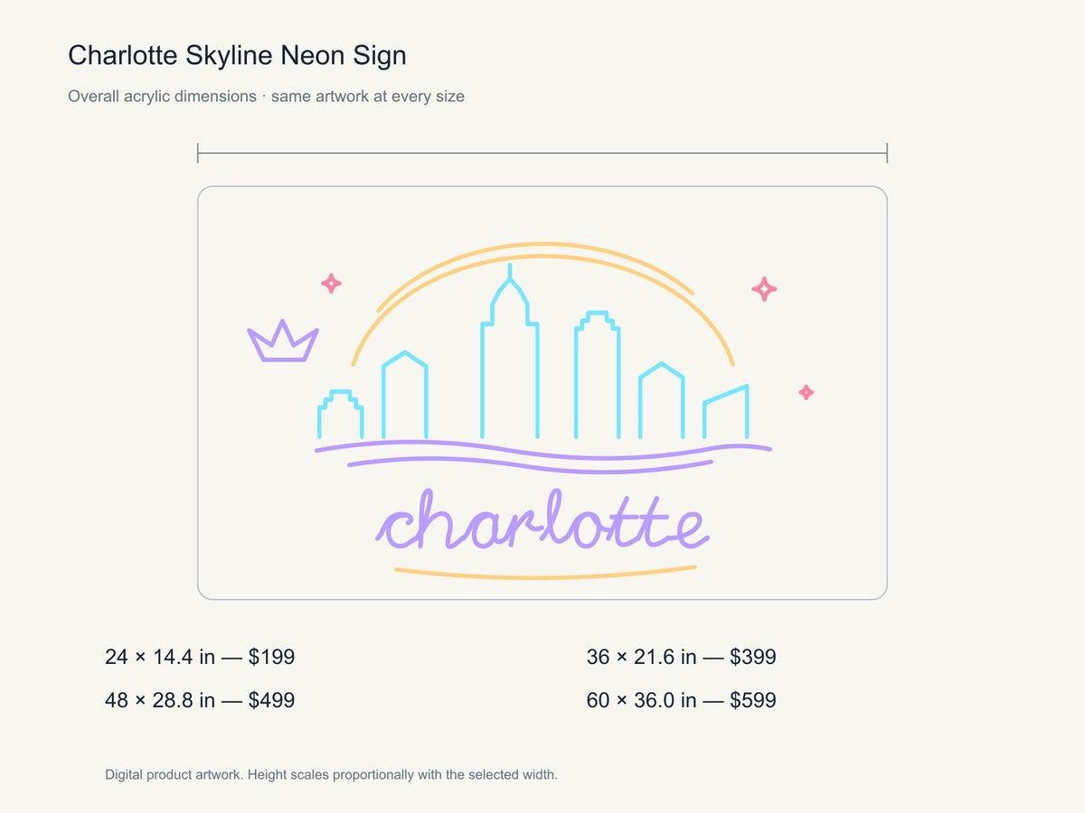 Charlotte Skyline Neon Sign size guide with overall dimensions for all four widths