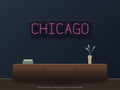 Chicago City Name Neon Sign shown above a walnut console in a styled room mockup