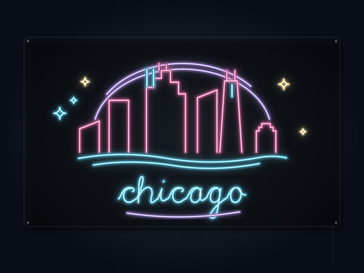 Chicago Skyline Neon Sign with colorful landmark artwork and flowing city lettering - front digital render