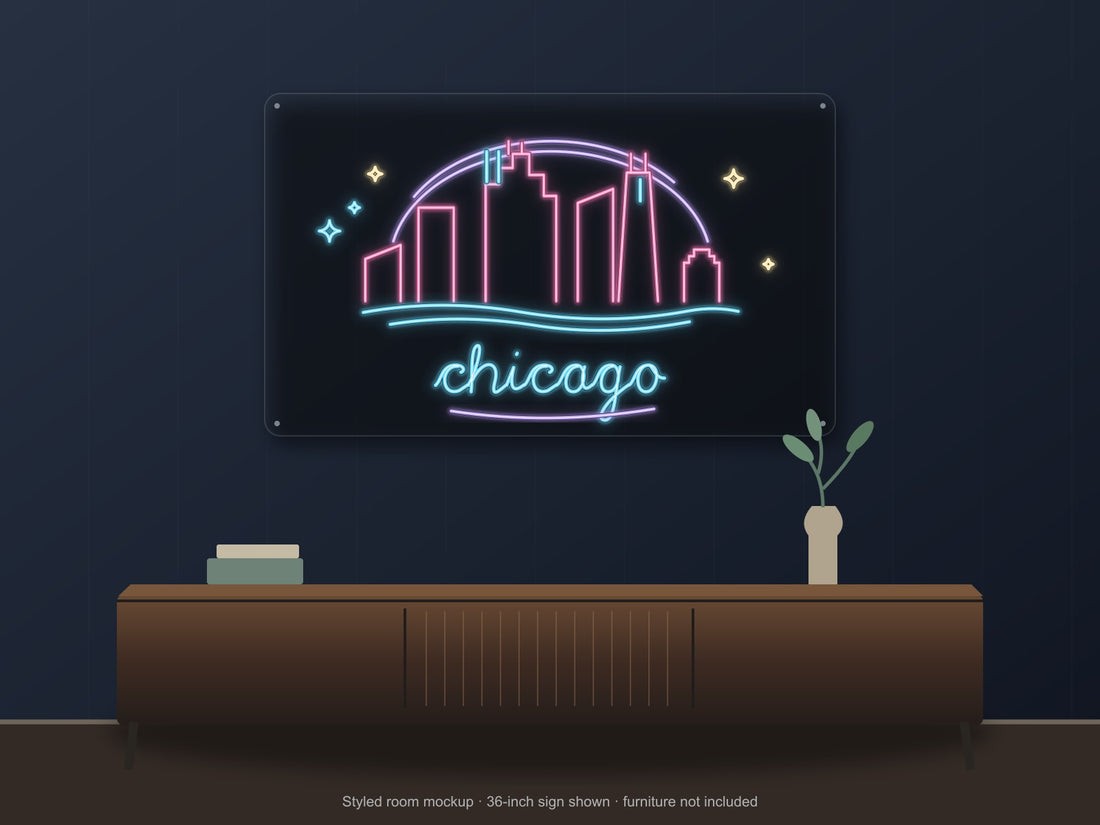 Chicago Skyline Neon Sign with colorful landmark artwork and flowing city lettering - front digital render