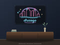 Chicago Skyline Neon Sign shown above a walnut console in a styled room mockup