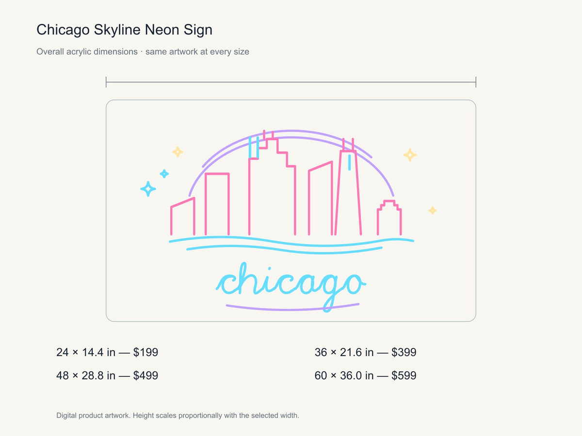 Chicago Skyline Neon Sign size guide with overall dimensions for all four widths