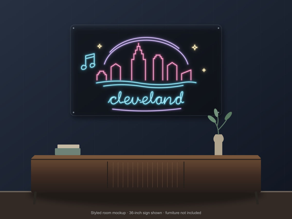 Cleveland Skyline Neon Sign shown above a walnut console in a styled room mockup