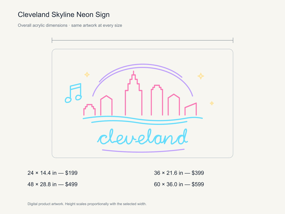 Cleveland Skyline Neon Sign size guide with overall dimensions for all four widths