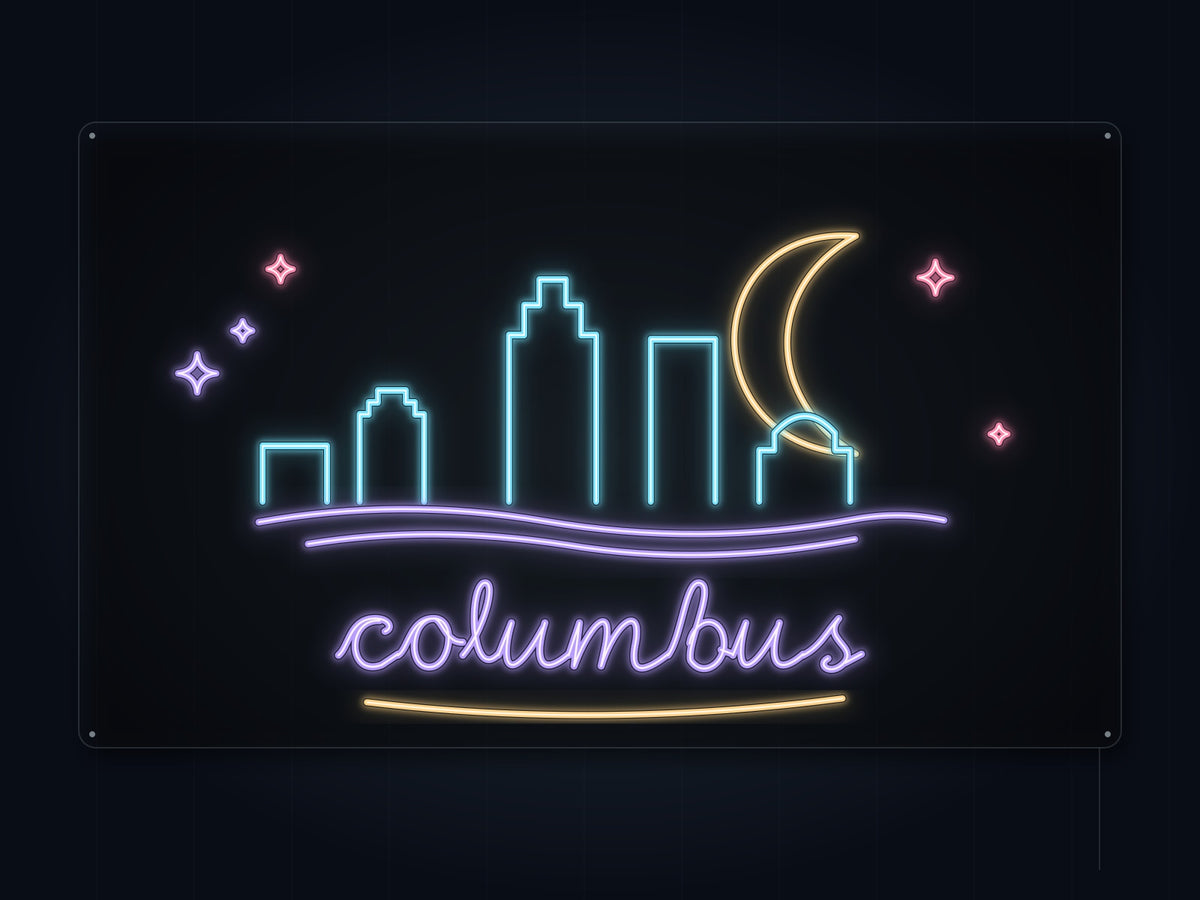 Columbus Skyline Neon Sign with colorful landmark artwork and flowing city lettering - front digital render