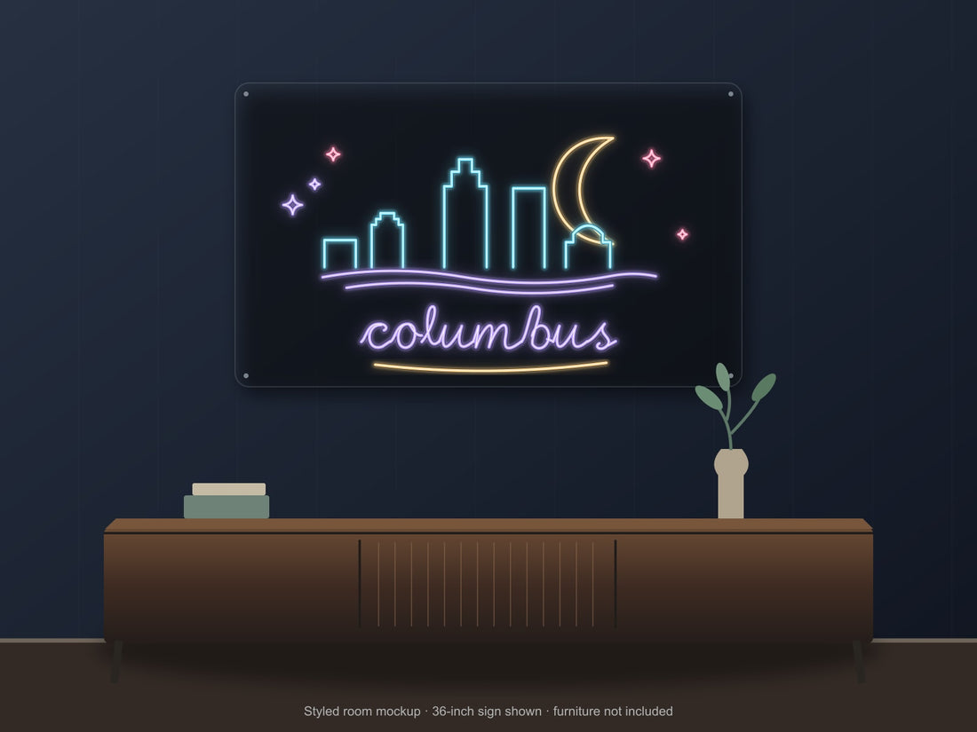 Columbus Skyline Neon Sign with colorful landmark artwork and flowing city lettering - front digital render