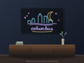 Columbus Skyline Neon Sign shown above a walnut console in a styled room mockup