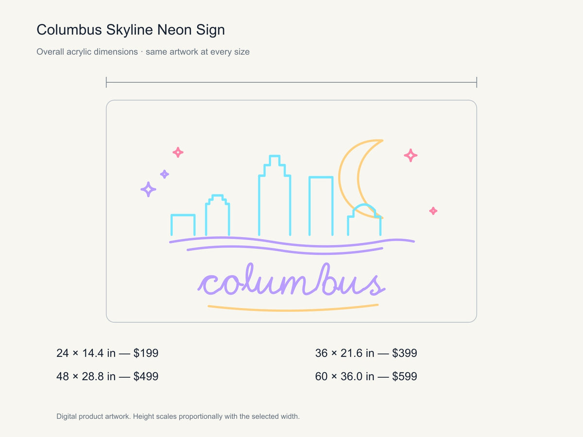 Columbus Skyline Neon Sign size guide with overall dimensions for all four widths