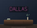 Dallas City Name Neon Sign shown above a walnut console in a styled room mockup
