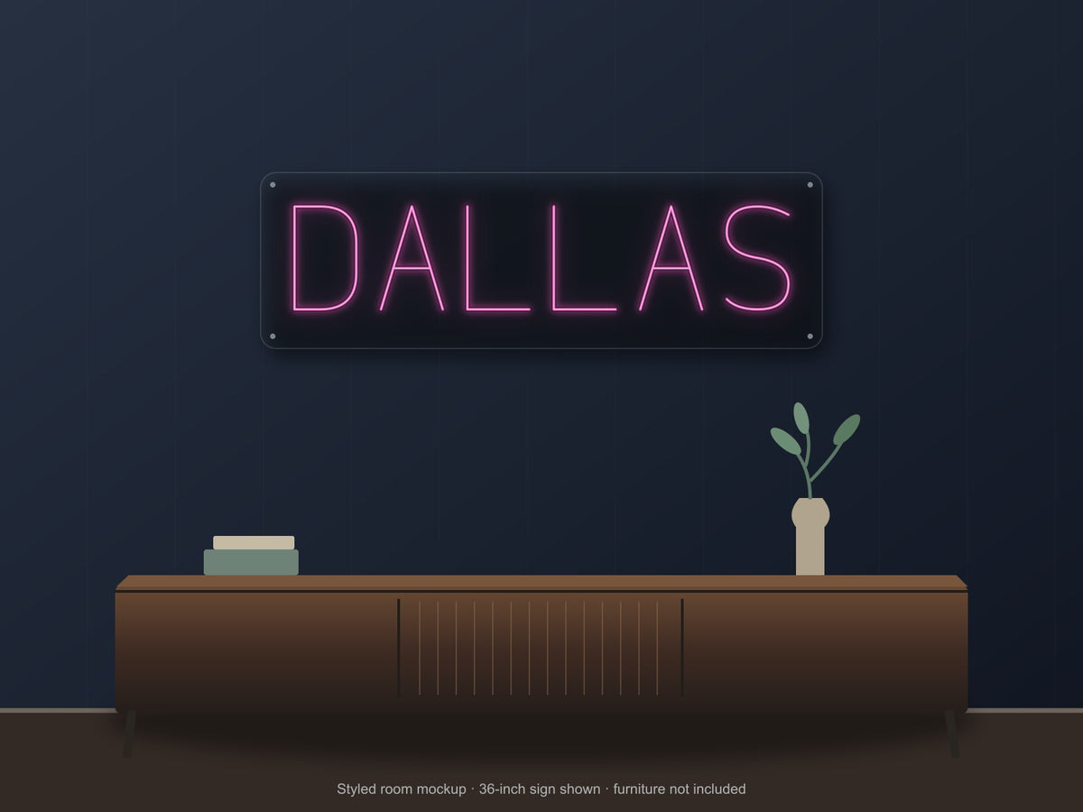 Dallas City Name Neon Sign shown above a walnut console in a styled room mockup