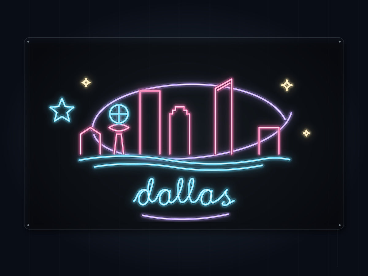 Dallas Skyline Neon Sign with colorful landmark artwork and flowing city lettering - front digital render