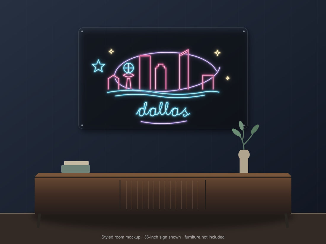 Dallas Skyline Neon Sign with colorful landmark artwork and flowing city lettering - front digital render