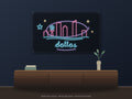Dallas Skyline Neon Sign shown above a walnut console in a styled room mockup