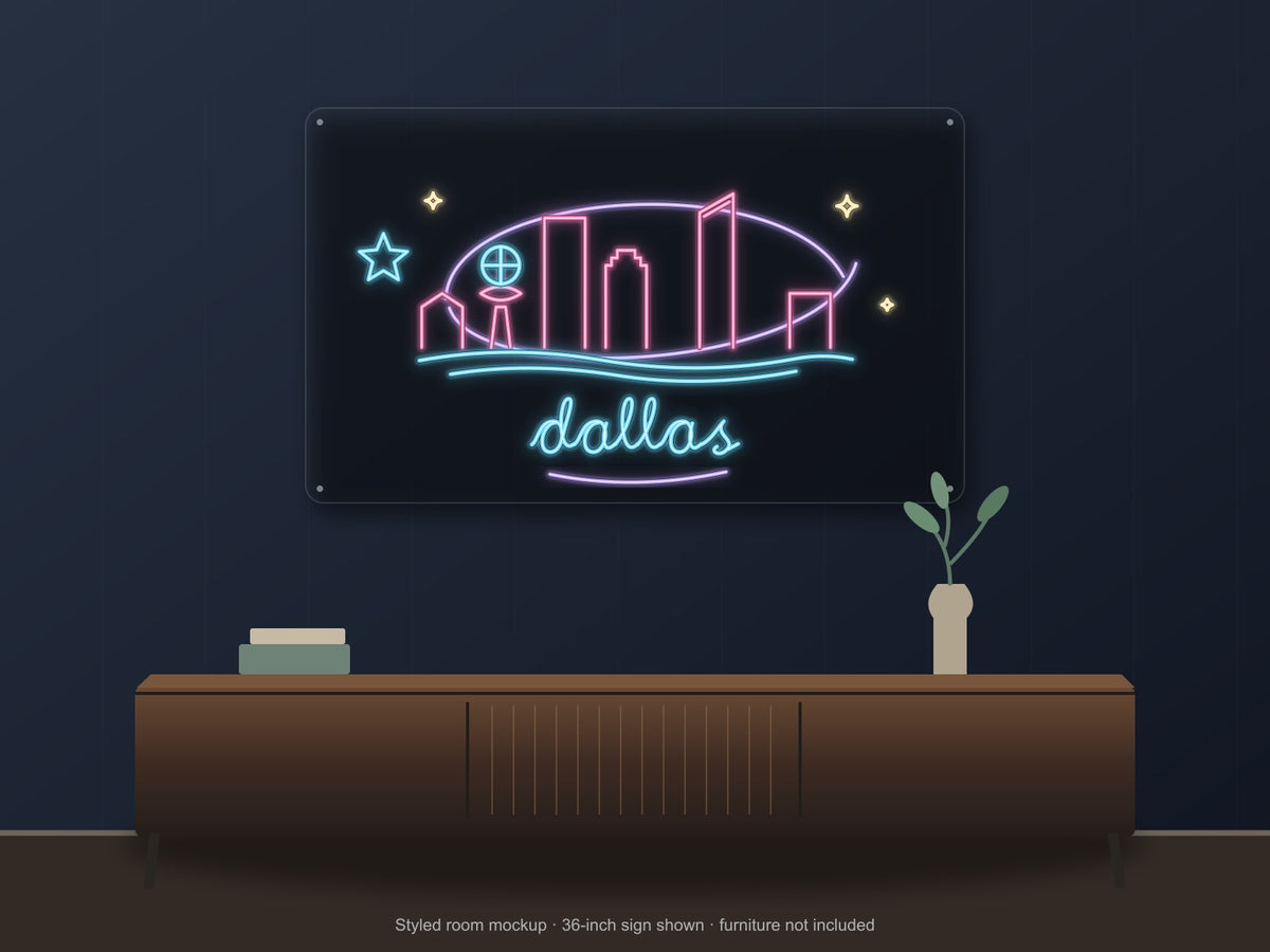 Dallas Skyline Neon Sign shown above a walnut console in a styled room mockup