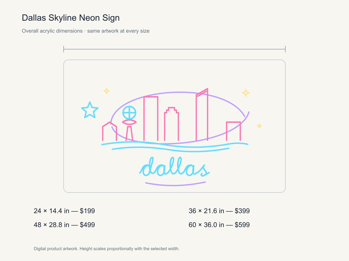 Dallas Skyline Neon Sign size guide with overall dimensions for all four widths