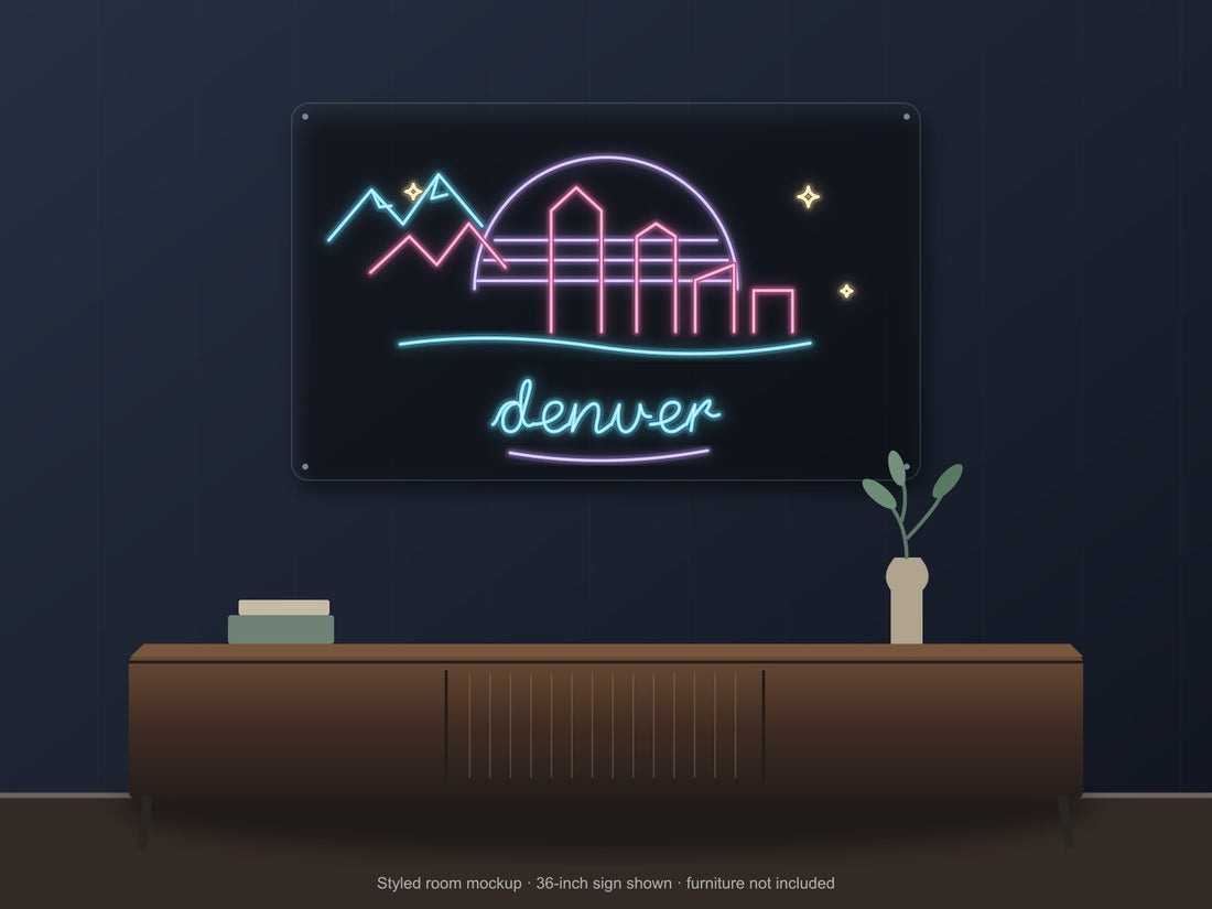 Denver Skyline Neon Sign with colorful landmark artwork and flowing city lettering - front digital render