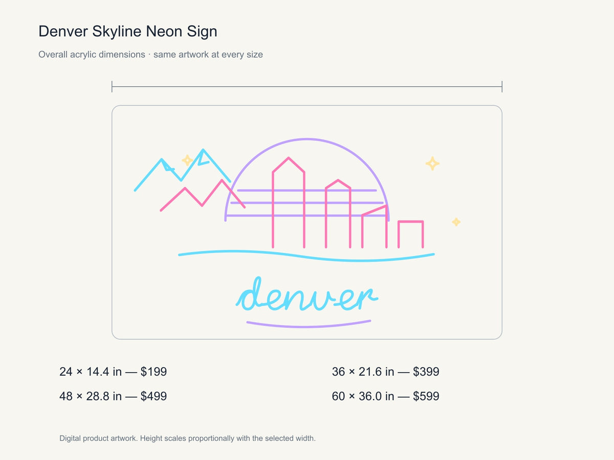 Denver Skyline Neon Sign size guide with overall dimensions for all four widths