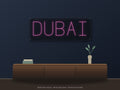 Dubai City Name Neon Sign shown above a walnut console in a styled room mockup