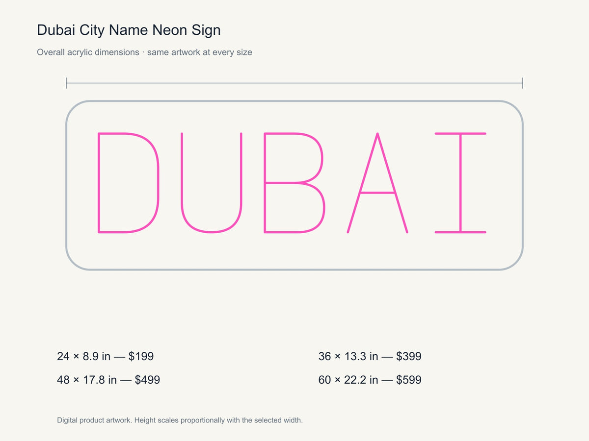 Dubai City Name Neon Sign size guide with overall dimensions for all four widths