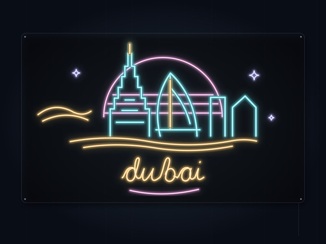 Dubai Skyline Neon Sign with colorful landmark artwork and flowing city lettering - front digital render