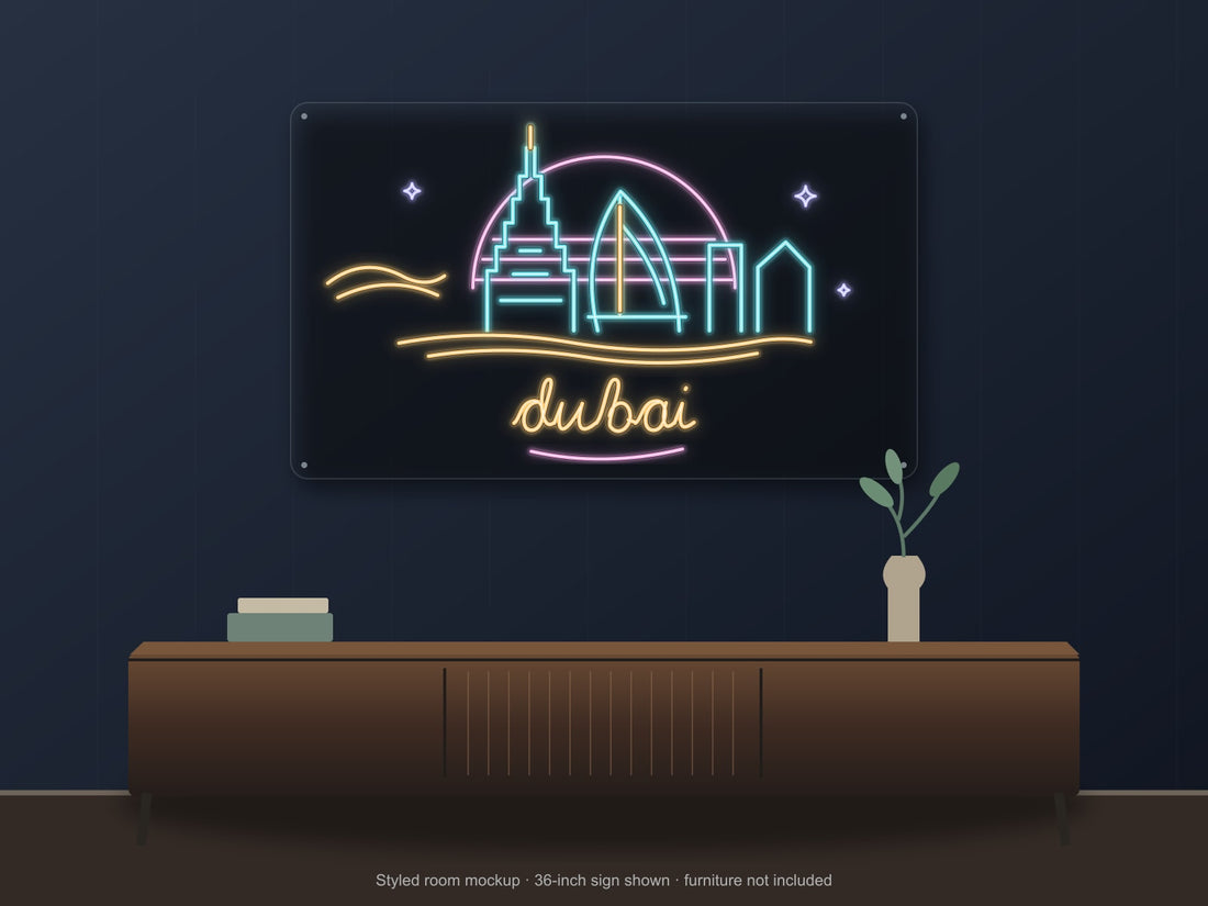 Dubai Skyline Neon Sign with colorful landmark artwork and flowing city lettering - front digital render
