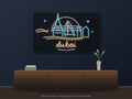 Dubai Skyline Neon Sign shown above a walnut console in a styled room mockup