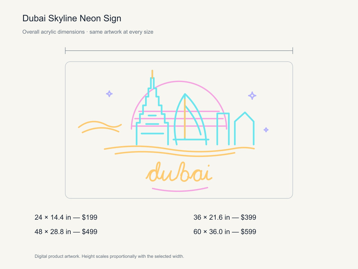 Dubai Skyline Neon Sign size guide with overall dimensions for all four widths