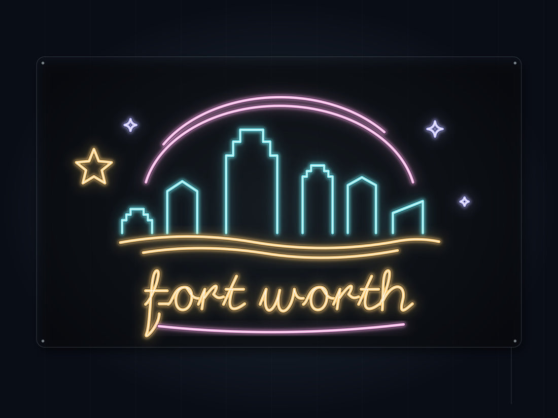 Fort Worth Skyline Neon Sign with colorful landmark artwork and flowing city lettering - front digital render