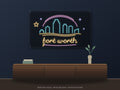 Fort Worth Skyline Neon Sign shown above a walnut console in a styled room mockup