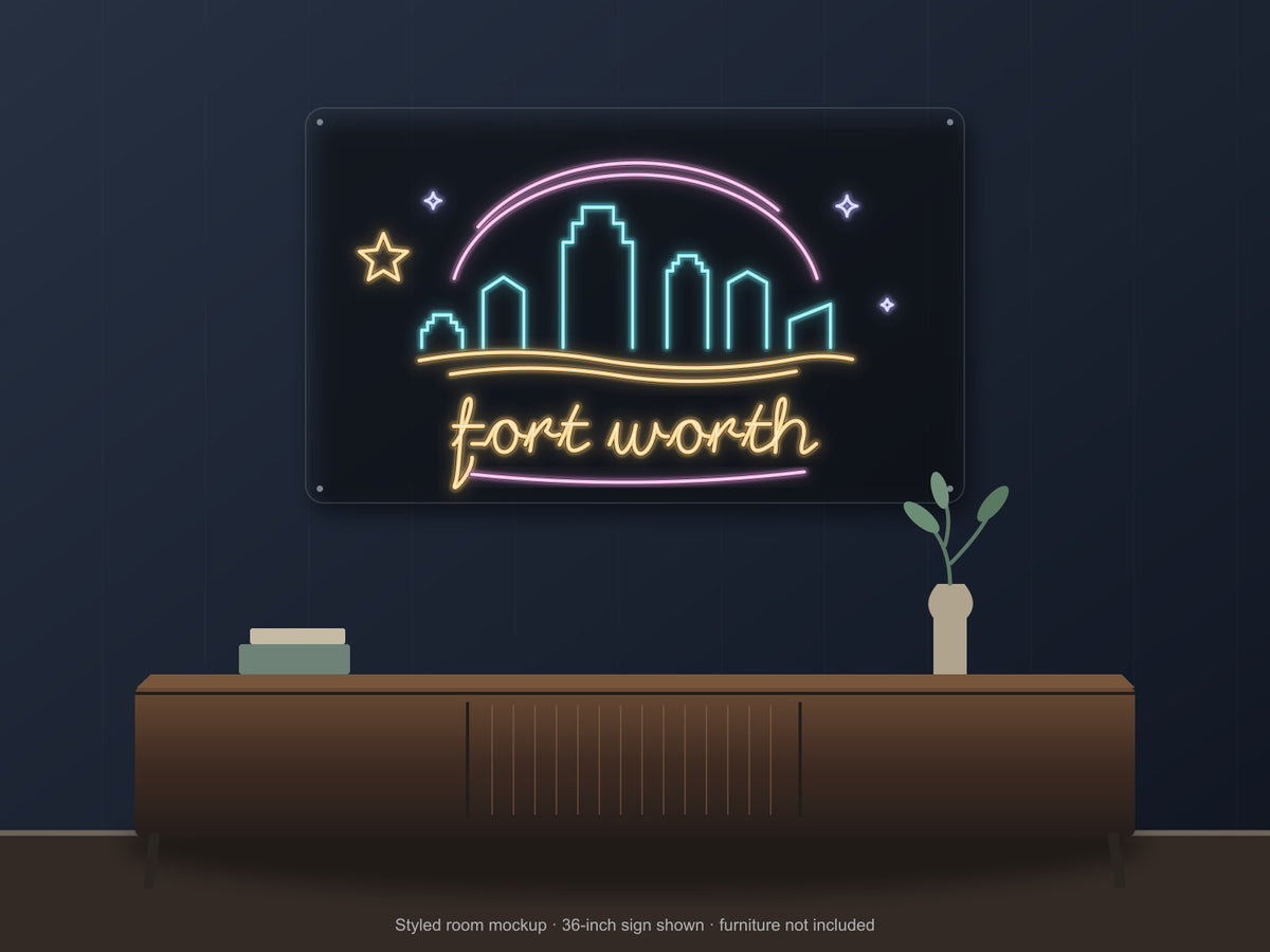Fort Worth Skyline Neon Sign shown above a walnut console in a styled room mockup