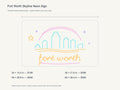 Fort Worth Skyline Neon Sign size guide with overall dimensions for all four widths