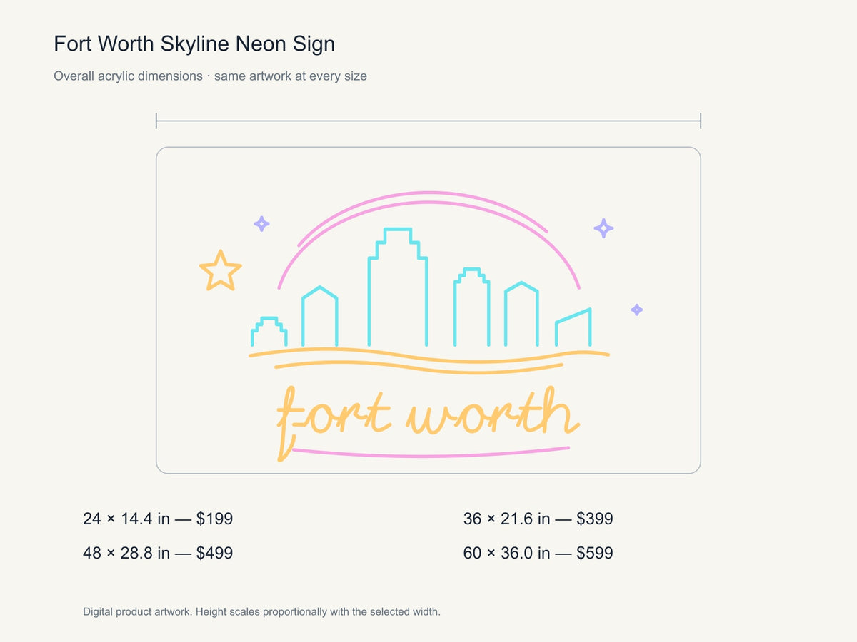 Fort Worth Skyline Neon Sign size guide with overall dimensions for all four widths
