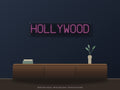 Hollywood City Name Neon Sign shown above a walnut console in a styled room mockup