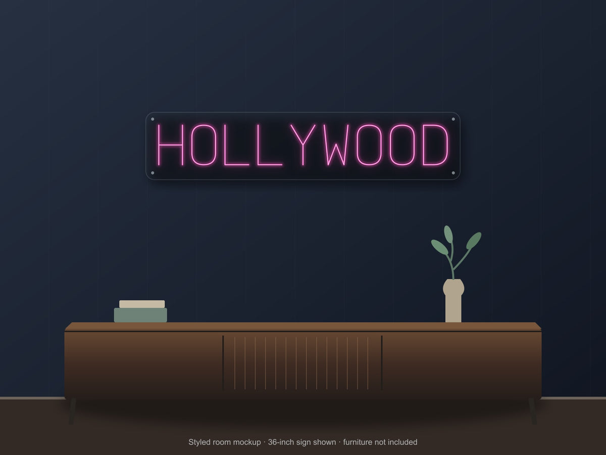 Hollywood City Name Neon Sign shown above a walnut console in a styled room mockup