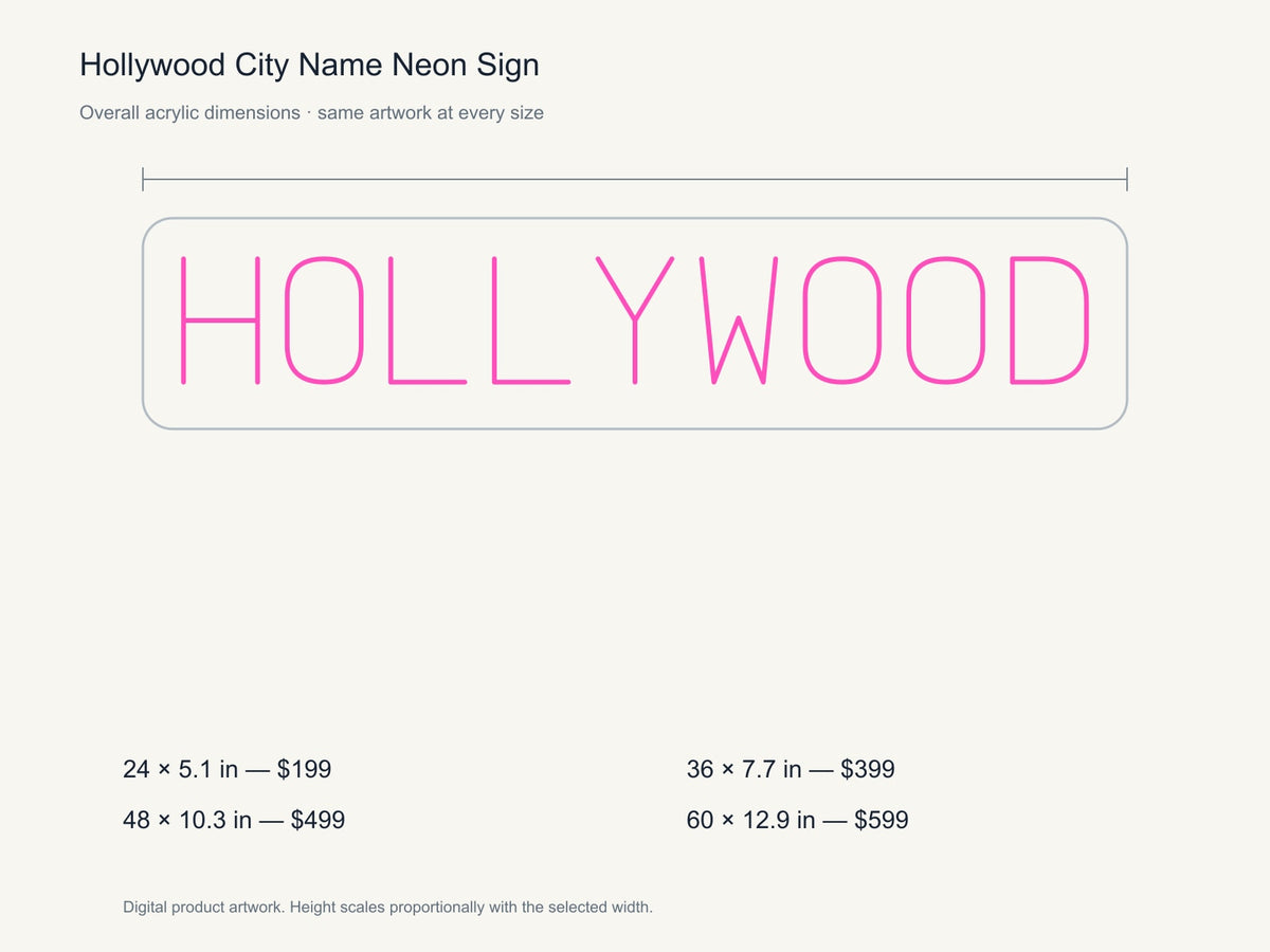 Hollywood City Name Neon Sign size guide with overall dimensions for all four widths
