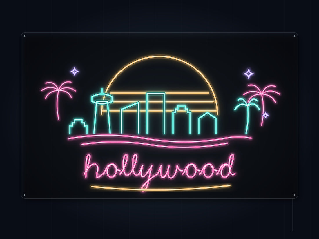 Hollywood Skyline Neon Sign with colorful landmark artwork and flowing city lettering - front digital render