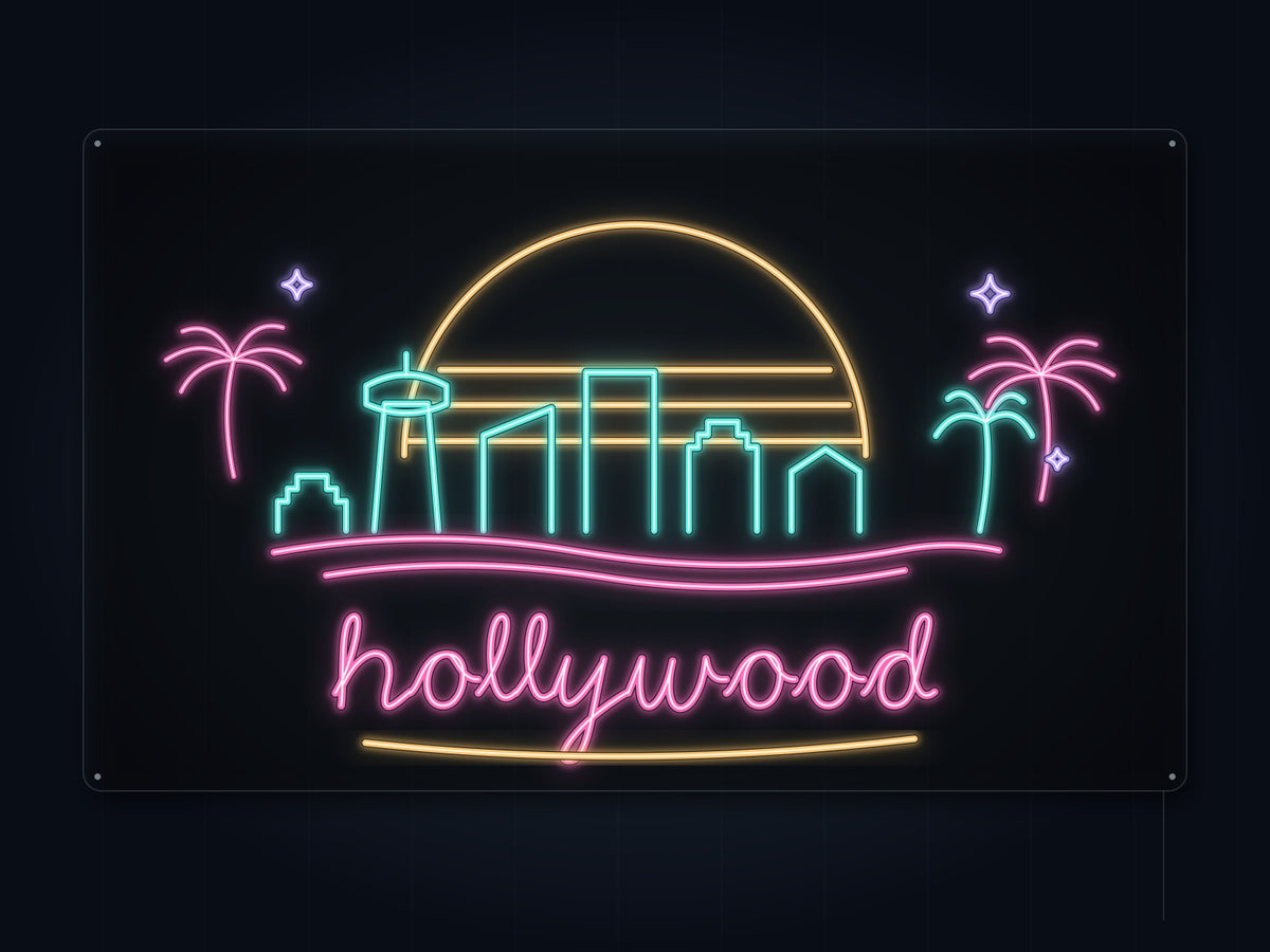 Hollywood Skyline Neon Sign with colorful landmark artwork and flowing city lettering - front digital render