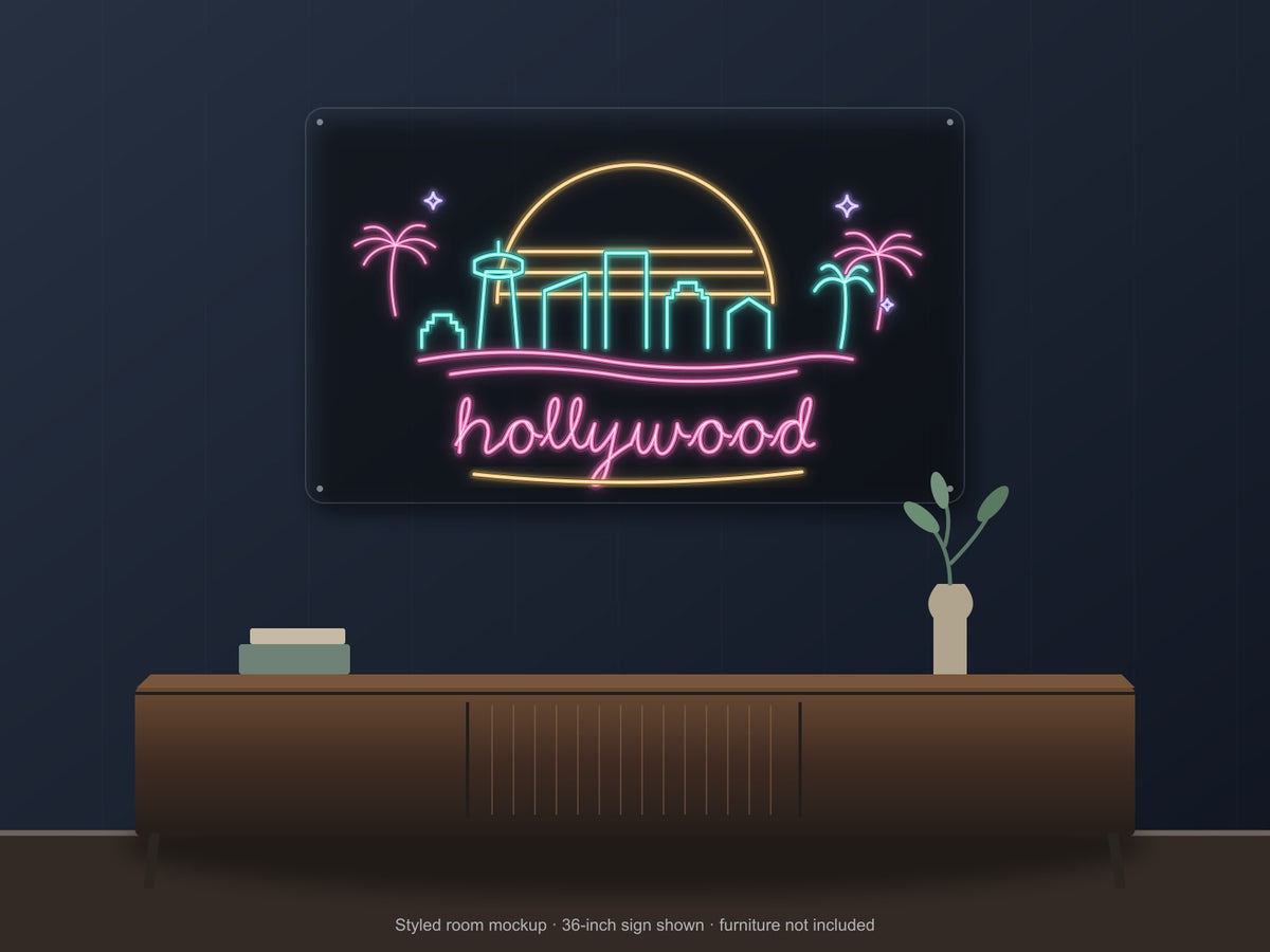 Hollywood Skyline Neon Sign shown above a walnut console in a styled room mockup