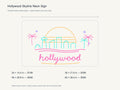 Hollywood Skyline Neon Sign size guide with overall dimensions for all four widths