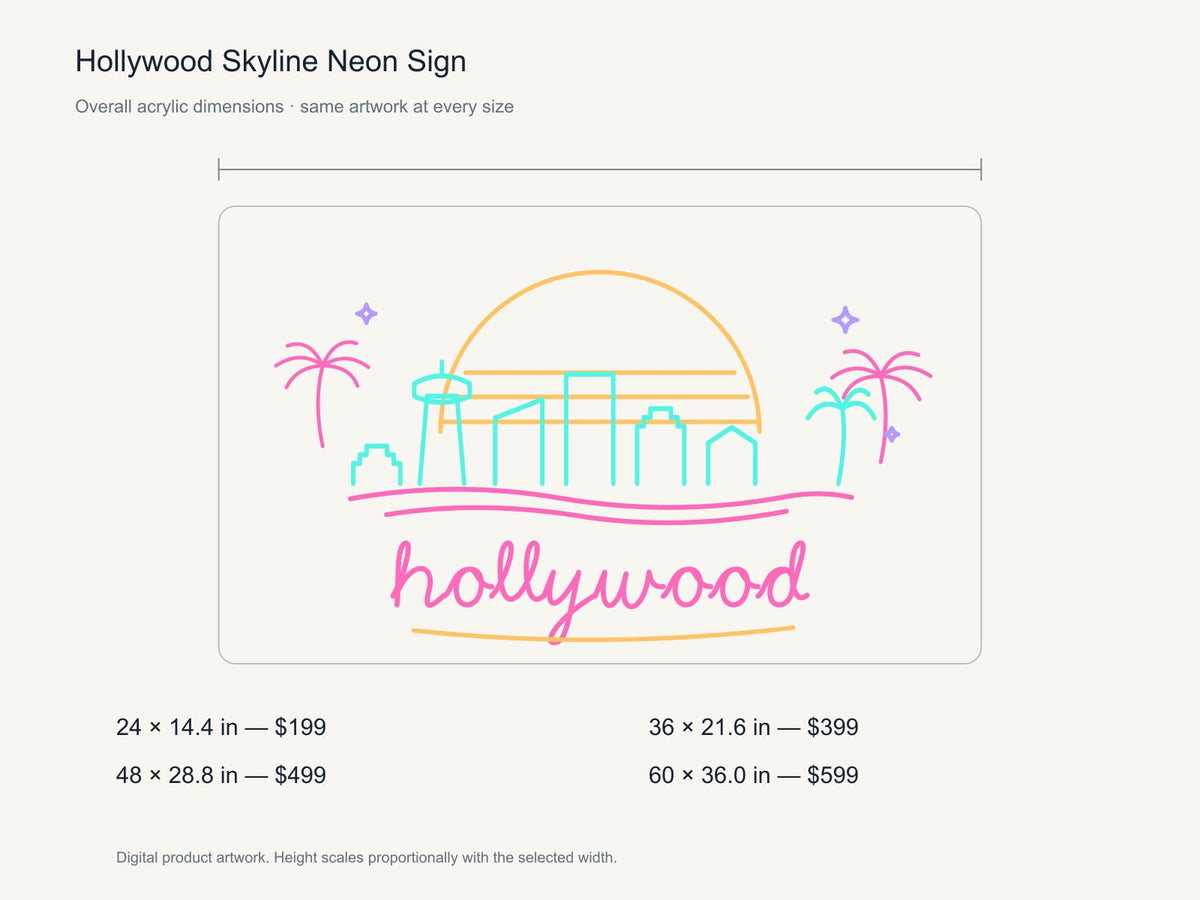 Hollywood Skyline Neon Sign size guide with overall dimensions for all four widths
